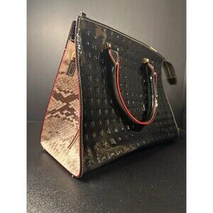 Arcadia Italy Patent Leather Tote Black Snakeskin Sides Red Trim 13x10x6